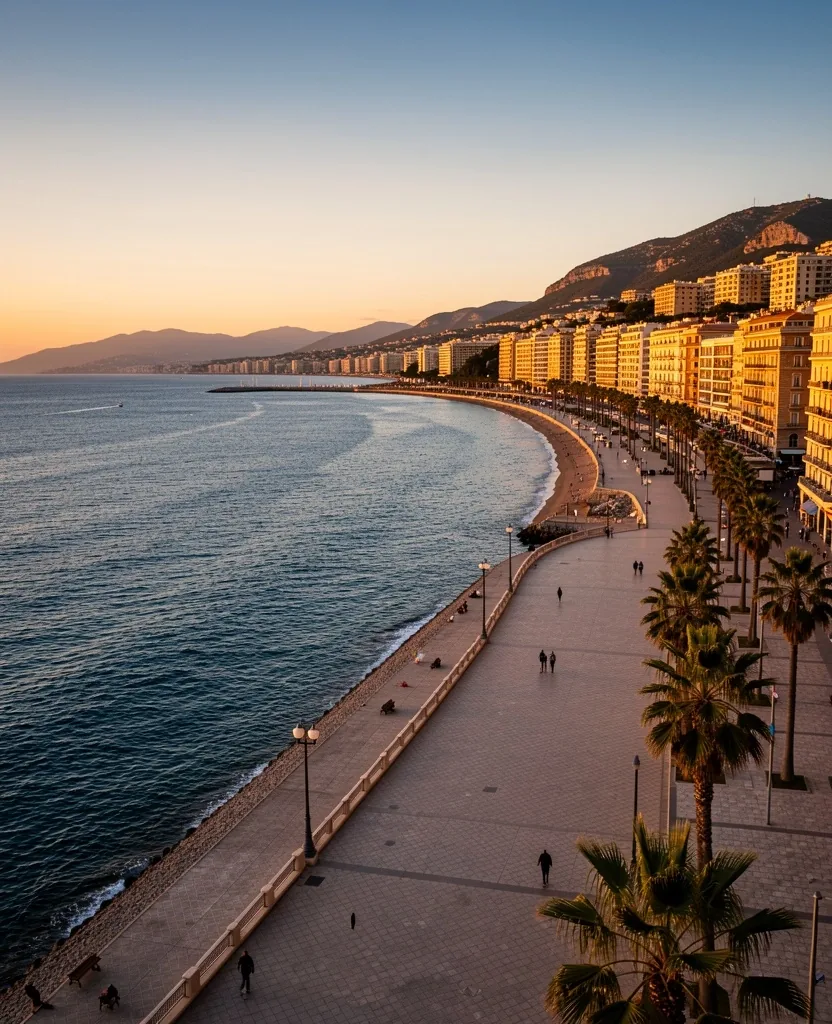 Vue de la baie de Nice au coucher du soleil