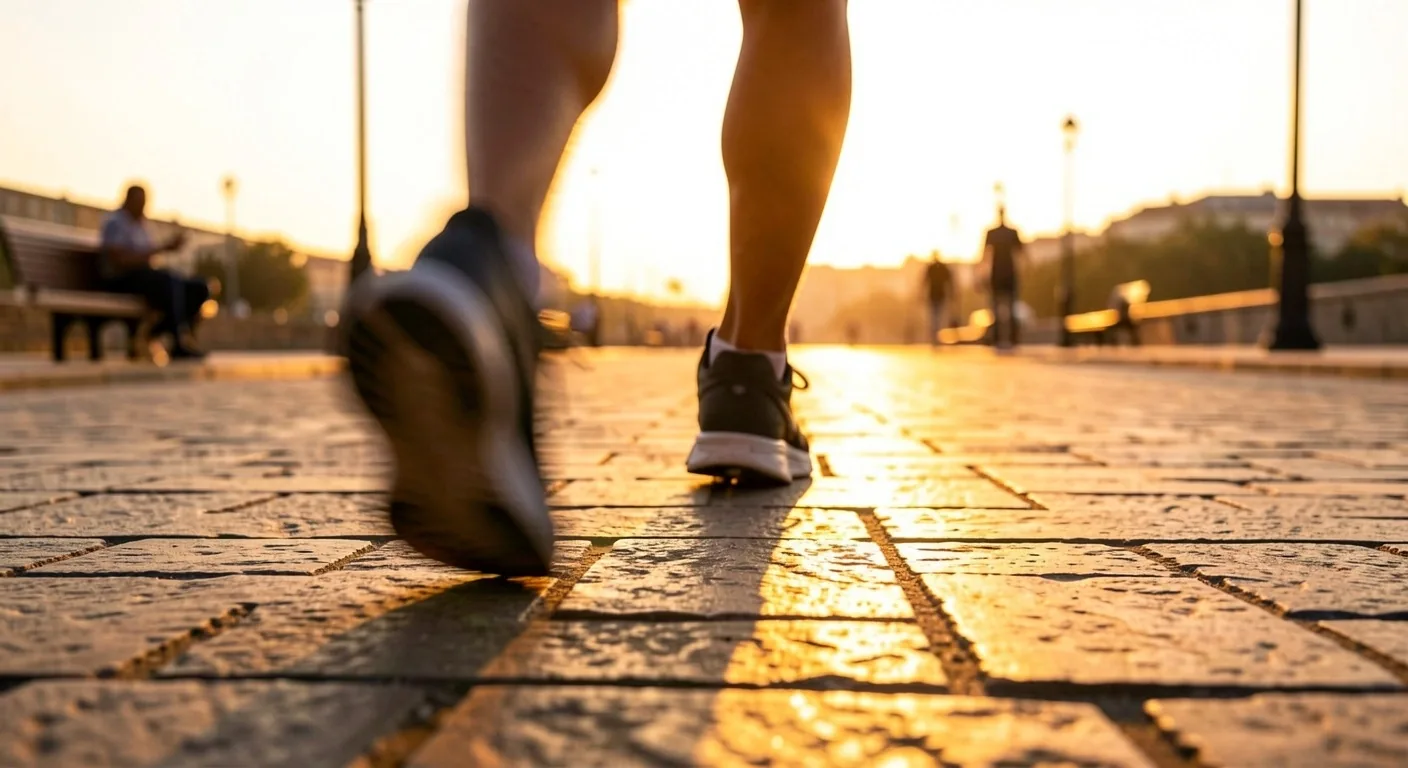 Marche rapide sur la promenade niçoise au coucher du soleil