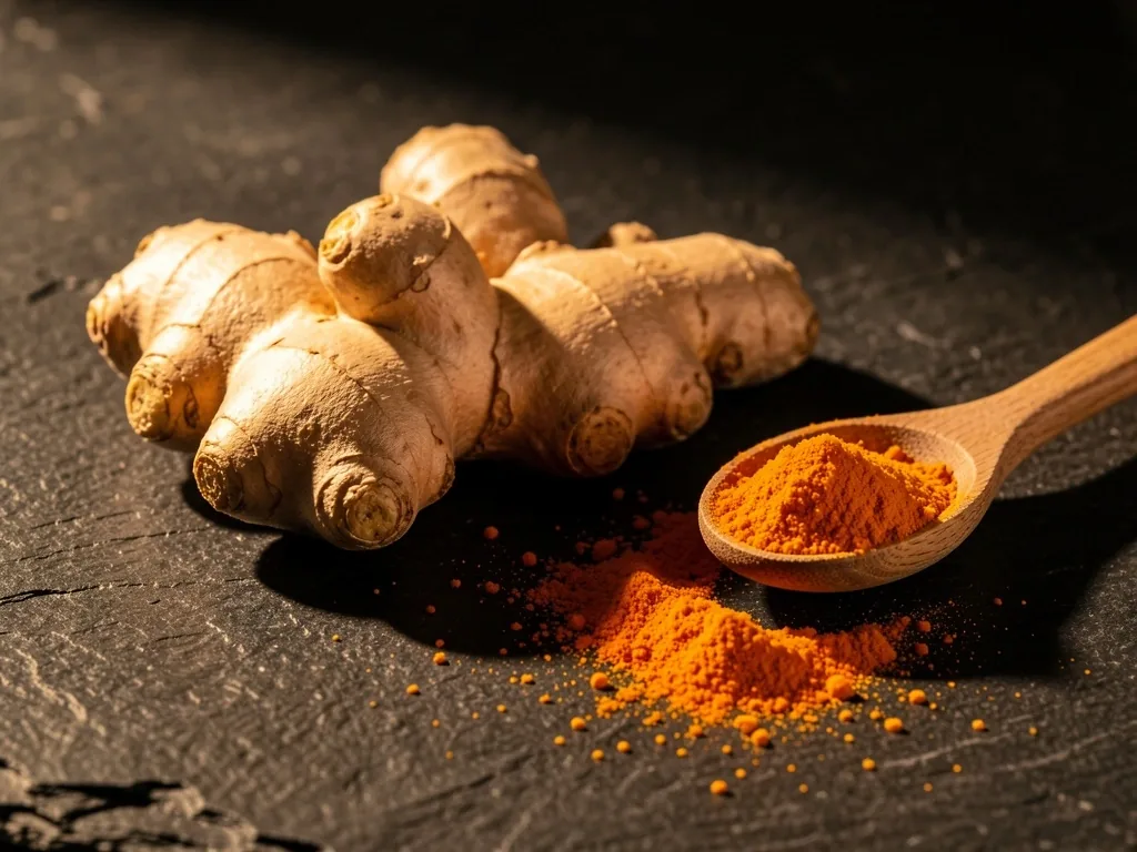 Gingembre frais et curcuma en poudre