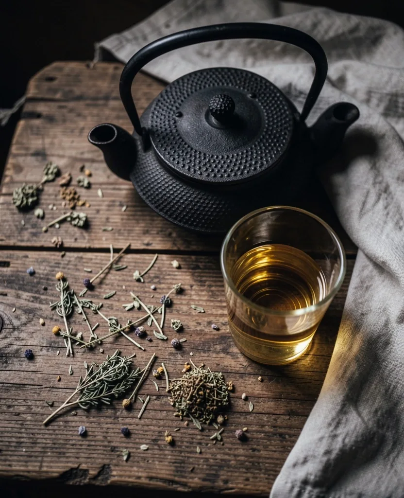 Tasse d'infusion de plantes sur fond sombre