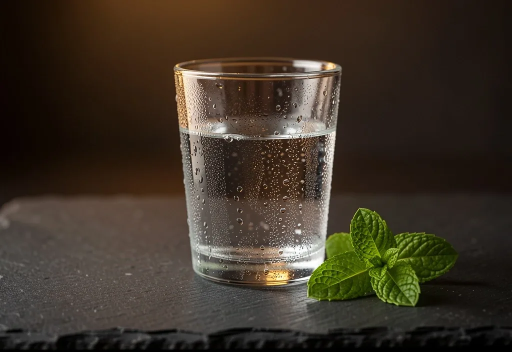 Verre d'eau tempérée sur surface sombre