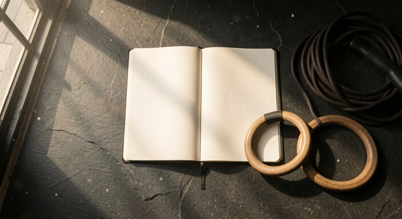 Carnet d'entraînement et haltère sur surface sombre